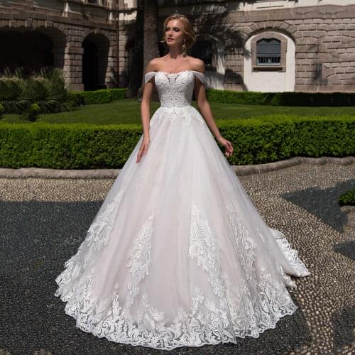 Thinyfull Elegant Wedding Dresses A Line Sweetheart Off The Shoulder Bride Dresses Tulle Lace Appliques Vestidos de novia 2020
