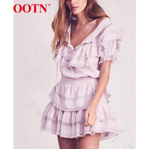OOTN Casual Ruffle Mini Dress Women Lace Up A Line Dress Pink Vintage Style Female Short Sleeve Dresses O Neck Spring Summer