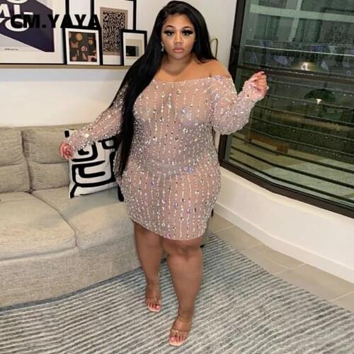 CM.YAYA Women Plus Size Dress Diamonds Mesh See-through Skinny Bodycon Dresses Sexy Night Club Vestidos Fashion Outfit Autumn