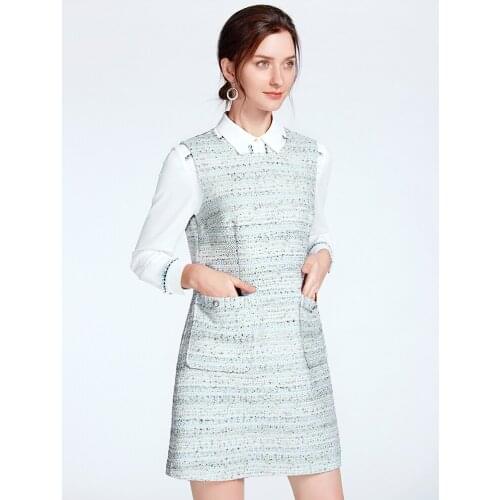 Blue tweed dress sleeveless 2020 spring / autumn womens dress tassel ladies slim bottoming dress one-piece