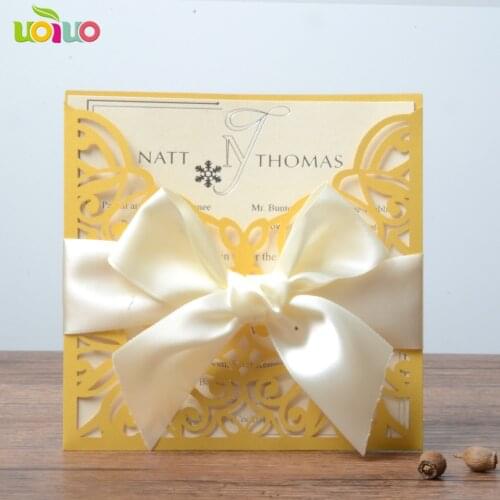 DIY customzied inc256 gold Wedding invitations Card, pocket card tied cream ribbon,print insert,envelope