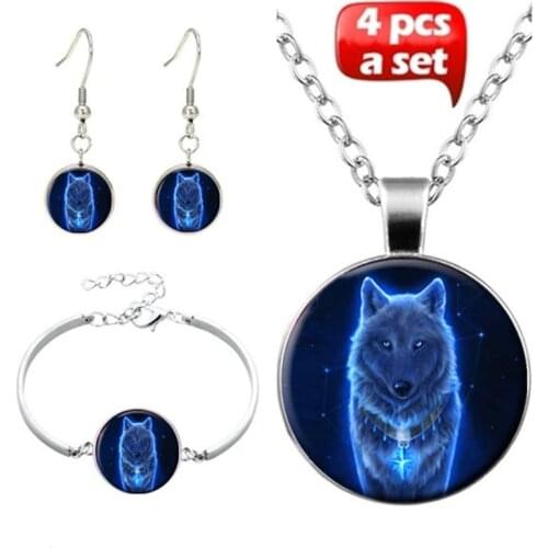 4Pcs/Set New Fashion Handmade Glass Witchcraft Nordic Wiccan Wolf Pendant Choker Necklace Bracelet Earrings For Women Jewelry