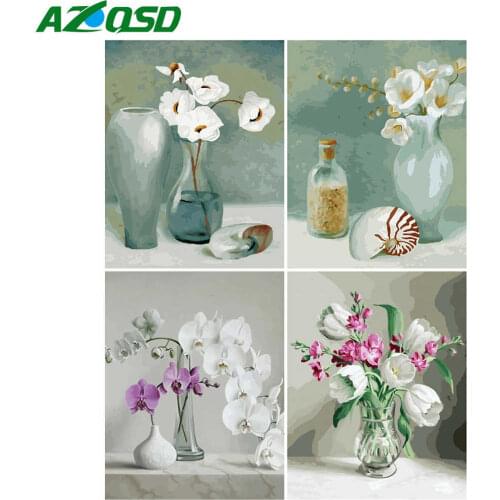 AZQSD DIY Painting By Number Canvas Kits Flower Unframe Decor For Home Acrylic Paint Pictures By Numbers Vase Handpainted Gift