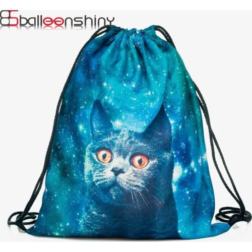 BalleenShiny Oxford 3D Digital Cats Dogs Drawstring Storage Bags Laundry Shoe Makeup Organizer Fashion Knapsack Travel Pouch