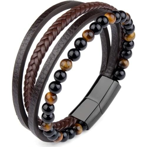 Fashion Natural Stone Beads Bracelet Multilayer Genuine Leather Braided Bracelet Stainless Steel Magnetic Clasp Bangles For Men