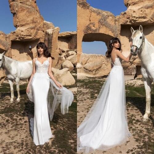 Elegant Spaghetti Mermaid Wedding Dresses Appliques Lace Satin Beach Wedding Dress Custom Made Backless Country Bridal Gowns