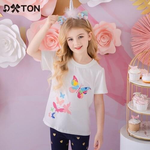 DXTON Girls Summer Tees Toddler Short Sleeve T-shirts Cotton Children Tops Butterfly Printed Girls Tshirts Cartoon Kids Clothing