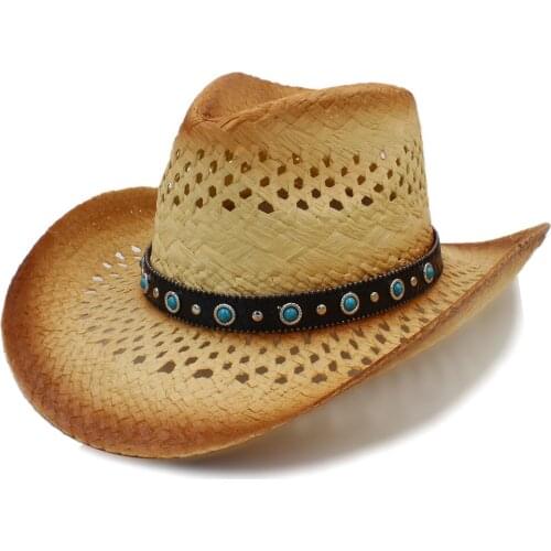 Women Men Western Cowboy Hat With Punk Leather Band For Lady Gentleman Beach Sun Sombrero Cowgirl Hat Size 58CM A0117