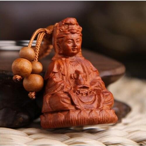 New hot sale natural wood kuan-yin pendant keychain for unisex best gift personality Buddha lotus key ring car bag key chains