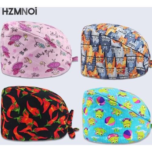 Fashion Cotton Cute Cartoon Print Nurse Cap Adjustable Scrub Hat Beauty Salon Nursing Cap Laboratory Pet Shop Fashion Scrub Cap
