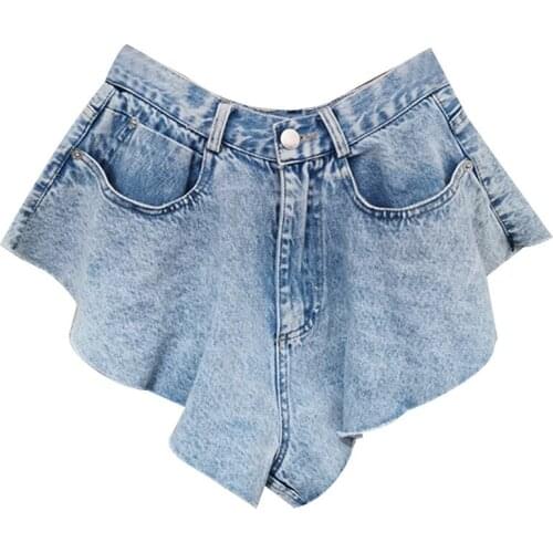 Fashion Woman Shorts High Waist Flare Sexy Jeans Shorts Vintage Solid Streetwear Slim Denim Irregular Wide-leg Ruffle Short Pant