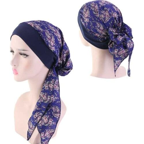 Muslim Turban Bandana Women Flower Printed Head Scarf Silky Elastic Long Tail Hijabs Hats Female Casual Large Headscarf