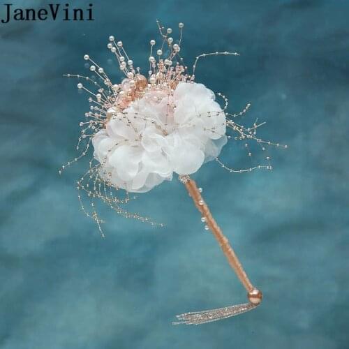 JaneVini Unparalleled Pearls Bride Holding Flower Jewelry Handmade Flowers Wedding Scepter Bridal Bouquets Tassel Accessories