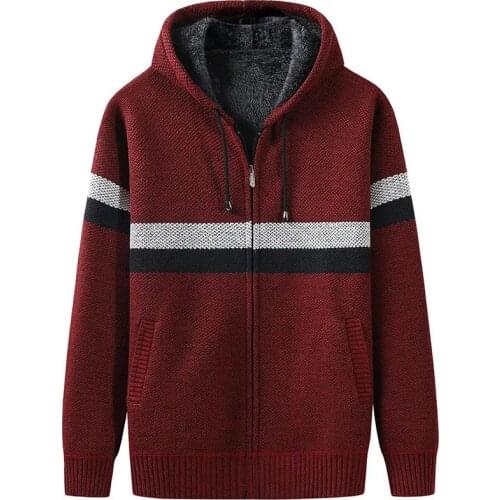 New autumn and winter coat mens thick warm faux-fur wool sweater hooded stripe sweater cardigan slim zipper jacket