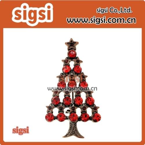 Wholesale red crystal rhinestone christmas tree brooch