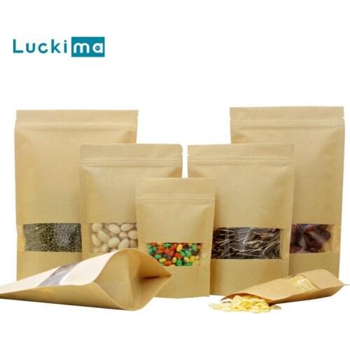 Resealable Kraft Paper Bag Waterproof Heat Seal Food Storage Bags for Nuts Snacks Bean Gift Window Zip Lock Sealing Package