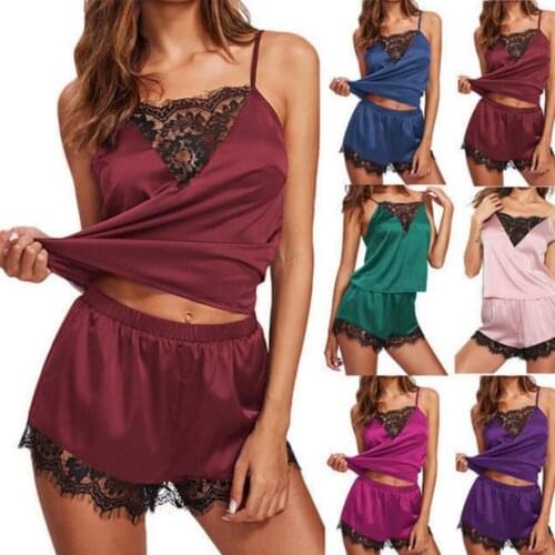 YT- 102 Sleepwear Nightwear Sexy Robe Satin Silk Babydoll Lace Casual Strap Shirt Shorts 2PCS Sleep Set