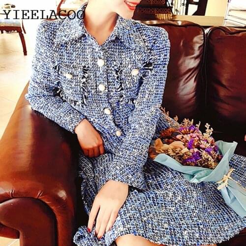 Early Autumn Dress Holiday Leisure Autumn and Winter Womens Dress Blue Tweed Small Fragrance Style Retro One-piece