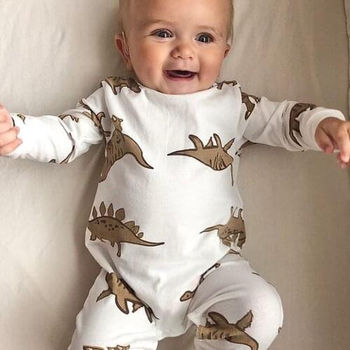 2021 Infant Baby Boys Girls Casual Jumpsuits Cartoon Dinosaur Print Rompers Buttons Clothing Set