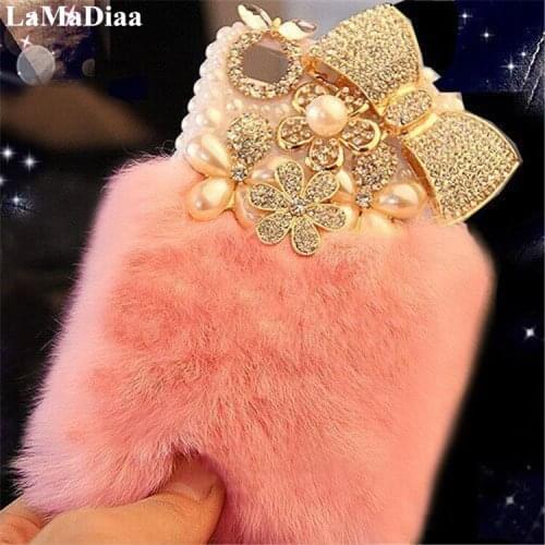 Luxury Bling Diamond Bowknot Warm Soft Rabbit Fur Hair Phone Case For iphone12 11 Pro MAX 6 7 8 Plus X XR Xs Max Protective Case