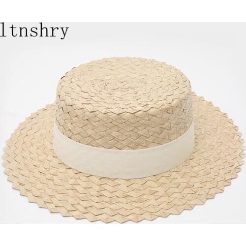 2021 Summer hats women men straw flat top solid belt band striped sun hats wide brim black casual outdoor beach straw hat