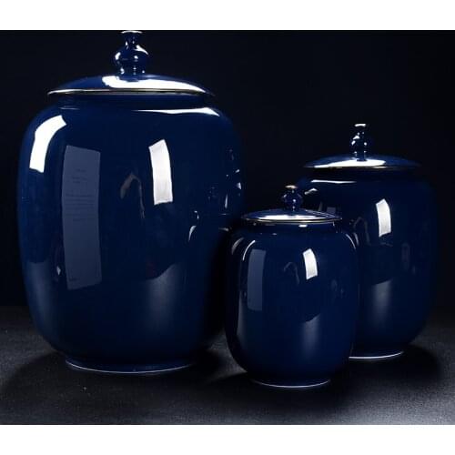 Modern Dark Blue Ceramic Storage Jar Vase Flower Arrangement Decoration Large Capacity Candy Nut Sealed Jar Porcelain Home Decor
