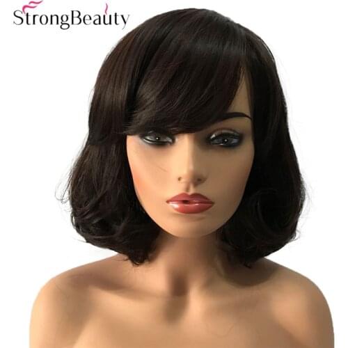 StrongBeauty Short Synthetic Wigs Bob Hair Black/Dark brown With Bangs Natural Womens Wig