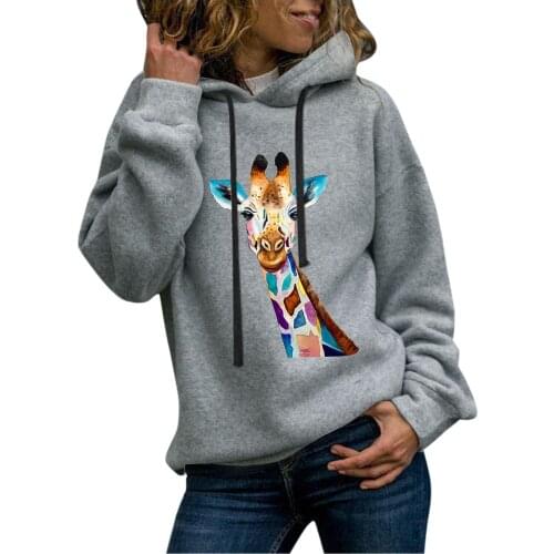 Harajuku Hoodies Lady Lovely Giraffe Print Sweatshirts Streetwear Fleece Long Sleeve Blouse Korean O Collared Pullover Moletom