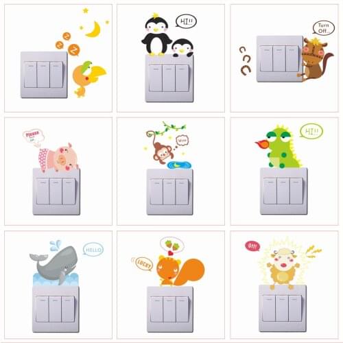 Funny Animals Switch Stickers For Kids Room Home Decoration Diy Cartoon Dolphin Piggy Monkey Penguin Mural Art Pvc Wall Decals
