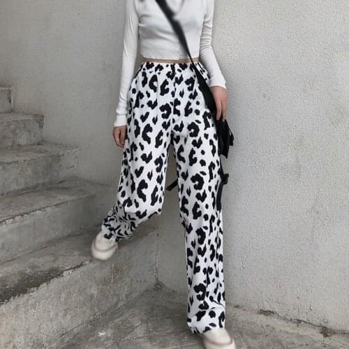 Womens High Waist Cow Pattern Pants Drape Wide Leg Loose Casual Polyester Cool Trousers 2021