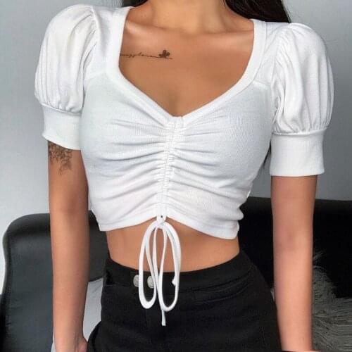 Women Ladies Elegant Solid Color Cropped Top Short Bubble Sleeve V-Neck Pleated Drawstring Slim Fitting Rib Knitted Blouse