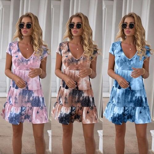 Women Dress 2021 Summer Fashion Tie Dye V Neck Tunic Sundress Print V-Neck Beach Party Sun Mini Dress Female