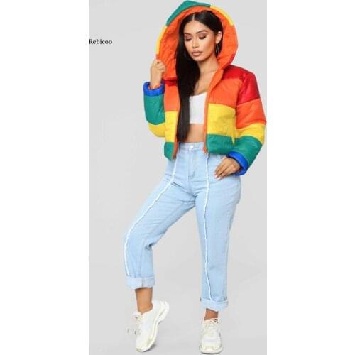 Winter Casual Down cotton Hoodie Jacket Women Rainbow Wadded Parka Plus Size Loose Striped Coat Femme Chaqueta Mujer