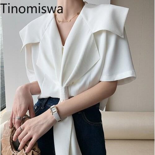 Tinomiswa Sailor Collar Blouse Women French Chic Short Sleeve Office Lady Shirts Blusa Summer 2021 Loose Casual Female Top A2600