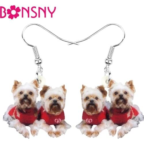 Bonsny Acrylic Christmas Double Yorkshire Dog Earrings Drop Dangle Animal Jewelry For Women Girls Teen Kid Party Decoration Gift