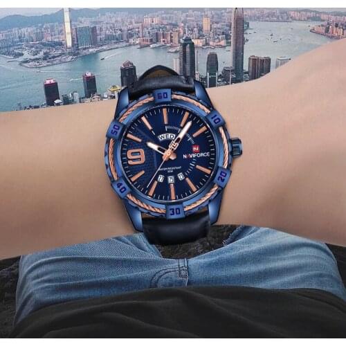NAVIFORCE Luxury Brand Men Watches Military Sports Quartz Analog Date Week Luminous Hands Clock Blue Leather Strap Wristwatch