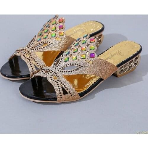 Hot Women Summer Open Toe Chunky Heel Sandals Fashion Bling Rhinestones Beach Flip Flops Slip On Outside Slides Shoes Woman