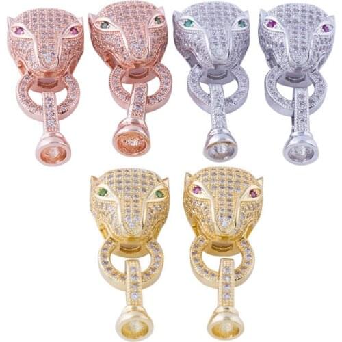 Copper Leopard Head Lock Spring Clasps Micro Pave Zircon Beads Meatal End Clasps For Leather Bracelet Necklace Connectors CHF532