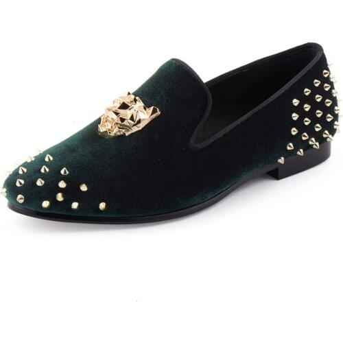 Harpelunde Mens Wedding Shoes Spikes Blue Velvet Loafers Animal Buckle Flat Shoes Size 7-14