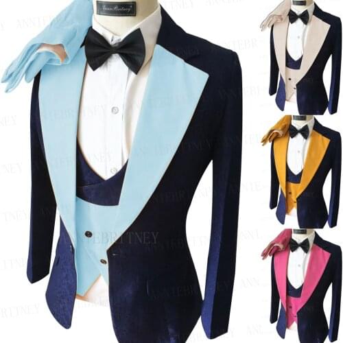 2021 Latest Jacquard Sky Blue Suit for Men Tailored Oversize Groom Wedding Jacket Luxury Dress Tuxedo Blazer Vest Pants 3 Pieces