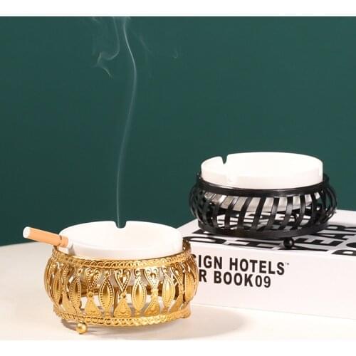 Homelily Creative Iron Hollow Round Ceramic Ashtray Nordic Style Home Decoration Accessories Living Room Office Luxury Ash Tray