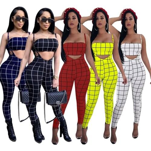 Perspective Design Strap Plaid Rompers Women Jumpsuit Club Two Piece Bodysuit Combinaison Femme B9065