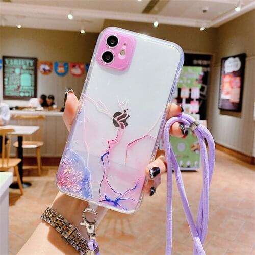Moskado Clear Watercolor Marble Lanyard Phone Case For iPhone 11 12 Pro Max 8 7 Plus XR X XS Max Mini SE 2020 Soft TPU Coque