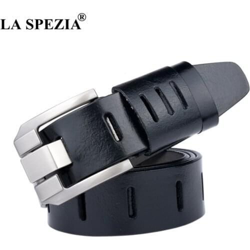 LA SPEZIA Real Leather Belt Men Black Pin Buckle Belt Male Casual Solid Genuine Cowhide Leather Classic Brand Belt For Jeans