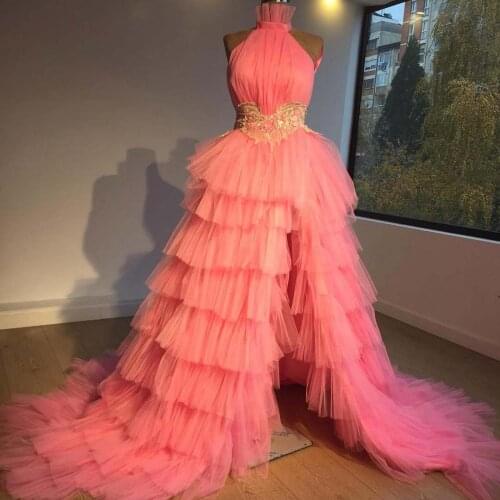 Pink Exquisite Elegant Halter Women Dresses Ruffles Tulle Embroidery High Split Floor Length Ball Gown Custom Made