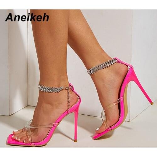 Aneikeh Summer 2021 Stiletto High Heels Sandals Womens Sweet Head Peep Toe Party Pumps Shoes Crystal Chain PVC Zapatos De Mujer