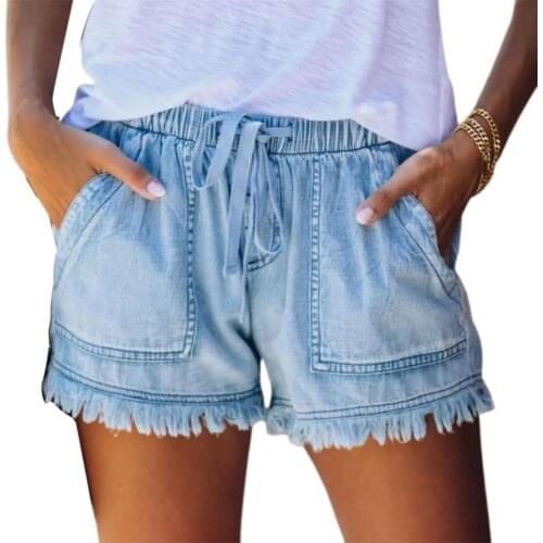 Summer Women Denim Shorts Mid Rise Drawstring Elastic Waist Tassel Denim Shorts drawstring Pockets sports Casual Shorts