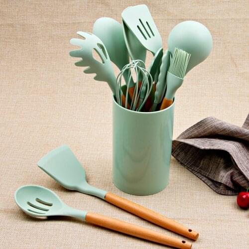 Silicone Cooking Utensils Set Non-stick Cookware The wooden handle Beaters Shovel Spoon Soup Kitchen Tools Utensils Wholesale