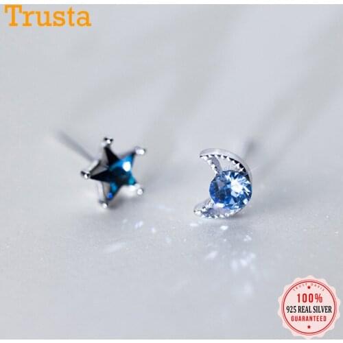 Trusta 925 Sterling Silver 2018 Women Jewelry Fashion Cute Tiny Blue Asymmetric Moon Star Stud Earrings For Daughter Girls DS237