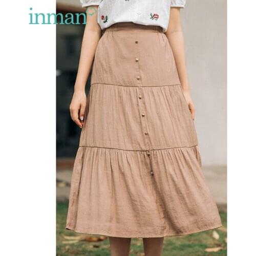 INMAN Summer Tiered Vintage Skirt Women Elegant Casual Style Decorative Round Buttons Drape Slim Khaki Pure Color A-Line Bottom